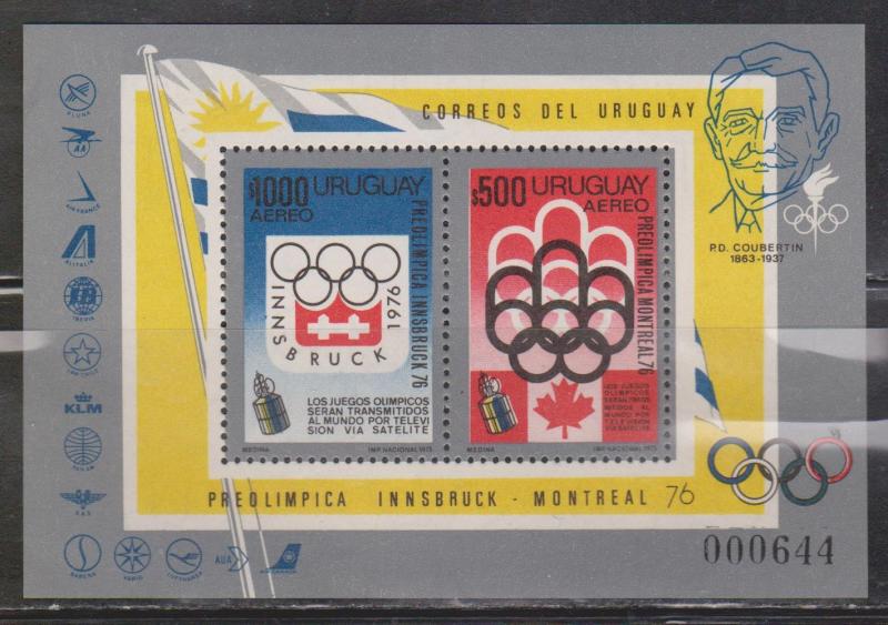 URUGUAY - Sc # C407 MNH Souvenir Sheet - 76 Innsbruck & Montreal Olympics CV $45