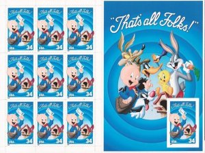 US Stamp 2001 Looney Tunes Porky Pig 10 Stamp Sheet w/Die Cuts #3535