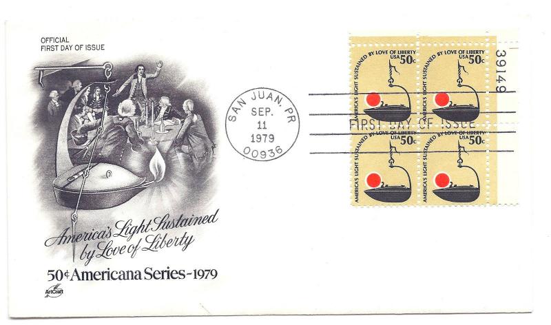 1608 50c Betty Lamp, Americana series, ArtCraft plate block FDC