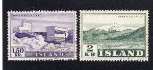 Iceland 1956-57 1.50k Power Plant & 2k Glacier, Scott 292, 302 used, value = 55c