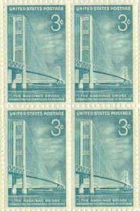 1958 Mackinac Bridge Block of 4 3cPostage Stamps, Sc#1109, MNH, OG