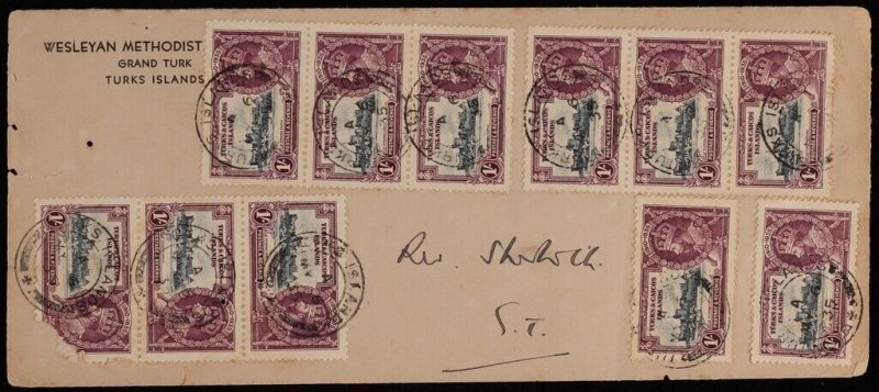 TURKS & CAICOS ISLANDS 1935 First Day Cover franked KGV Silver Jubilee 1/- x 11.