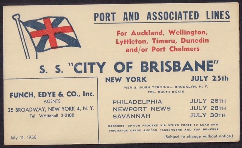 #UX38 w illustrated TWO COLOR ad for ship S. S. CITY OF BRISBANE 1958 slogan cnl