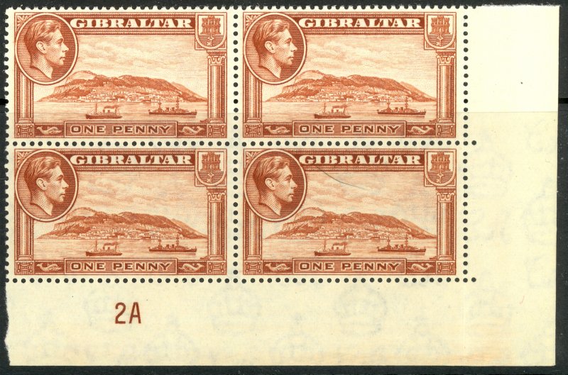 GIBRALTAR 1938-49 1d Rock of Gibraltar P.13 Wmk Upright PLATE BLOCK 4 MNH