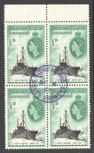 Falkland Islands Deps Scott 1L19 - SG G26, 1954 Ships 1/2d Block of 4 used