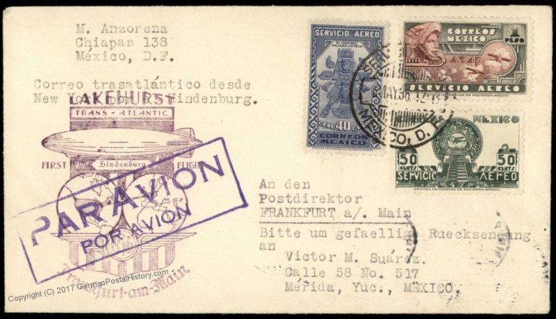 Mexico 1936 Hindenburg Zeppelin Si406 Cover Merida Yucatan 84166