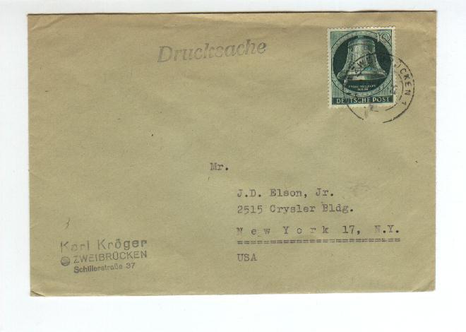 Germany  10pf Freedom Bell  on printed matter cover to NY