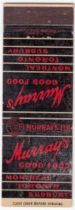 Canada Revenue 3/20¢ Excise Tax Matchbook MURRAY'S GOOD FOOD