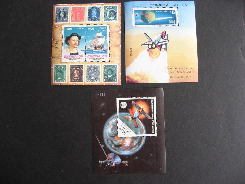 CHILE 3 MNH souvenir sheets, Sc 702a, 821c, 1043a, check them out! 