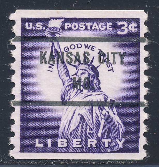 Kansas City MO, 1057-71 Bureau Precancel, 3¢ coil Statue of Liberty