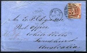 Great Britain QV 1870 cover front bearing 10d Plate 1 solo use to Australia