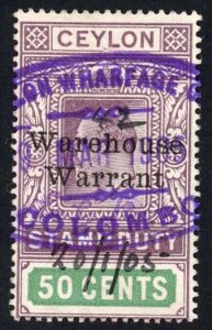 Ceylon Warehouse Warrant BF15 KEVII 50c Wmk Crown CA