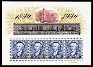 2875 BEP Centennial Souvenir Sheet, Mint Never Hinged!