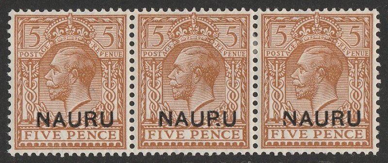 NAURU 1916 KGV 5d setenant strip 'NAUP.U' & broken 'N' varieties. w/ CERTIFICATE