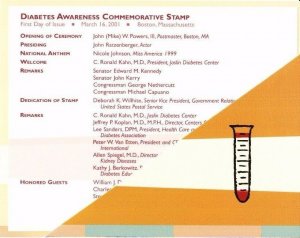 USPS 1st Day Ceremony Program #3503 Diabetes Awareness FDOI 2 Cancels 2001