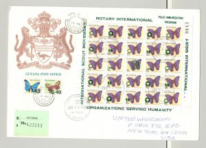 Guyana 1989 15¢ Butterflies M/S of 25 Green o/p on Registered Commercial Cover