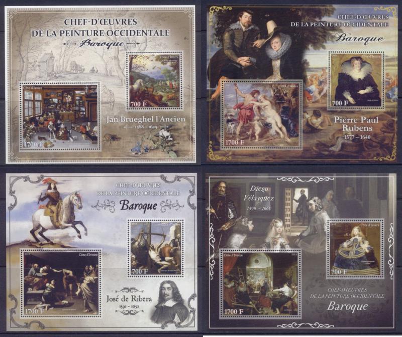 Masterpieces of Western Art Baroque Paintings Ivory Coast 15 MNH stamp sheets 