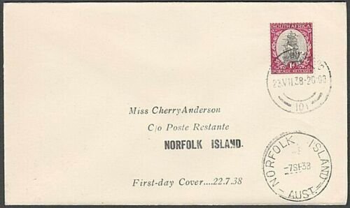 SOUTH AFRICA TO NORFOLK ISLAND 1938 cover Empire Airmail Scheme FDC.........M646 