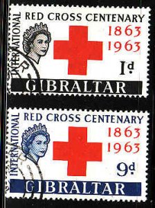 Gibraltar-SC#162-3-used Omnibus-set-Red Cross Centenary-1963-