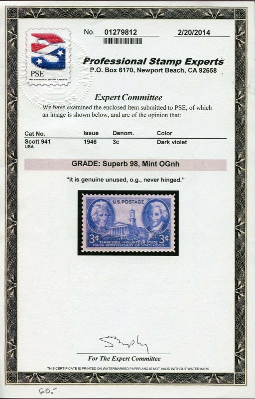 US SCOTT #941, Mint-Sup-OG-NH Graded 98 PSE Cert SMQ $60 (DFP 3/2/20)