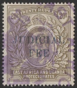 EAST AFRICA & UGANDA 1905 'JUDICIAL FEE' on KEVII 20R crown CC. revenue. Rare.