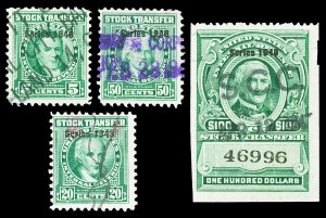 Scott RD264//RD292 1948-1949 5c-$100 Dated Green Stock Transfer Revenues Used