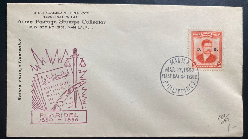 1952 Manila Philippines First Day Cover FDC Marcelo Del Pilar Issue 