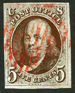 U.S. #1 USED WITH PF CERT RED GRID CANCEL TINY TEAR