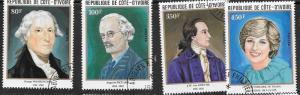 Ivory Coast #624-627 Famous People set complete   (CTO) CV $3.60