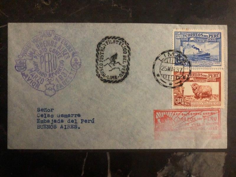 1937 Lima Peru First Flight cover FFC to Buenos Aires Argentina