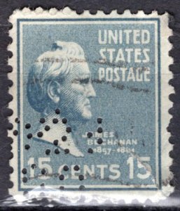 USA; 1938: Sc. # 820: Used. Single Stamp W/Perfins