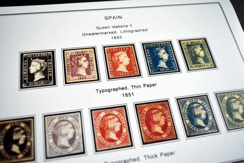 COLOR PRINTED SPAIN 1850-1940 STAMP ALBUM PAGES (42 illustrated pages)