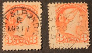 CANADA 2 USED QUEEN VICTORIA SMALL QUEENS SCOTT # 37