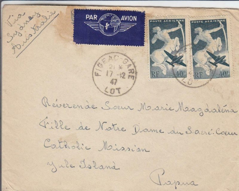 1947, Figeac-Gare, France to Yule Island, Papua, Airmail, 80 Fr Rate (32218)