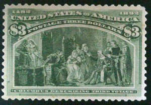 US Scott #243 - $3 Columbus - Yellow Green - XF - OG - 1893