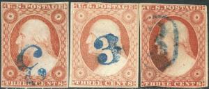 #11 USED WITH 3 DIFFERENT 3 NUMERAL BLUE CANCEL BP1962