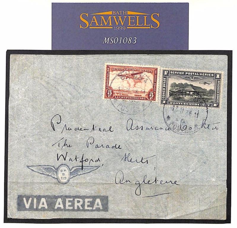 MS1083 1936 Belgian Congo *BUMBA* Airmail Cover GB Herts 6f Rate SCARCE ORIGIN