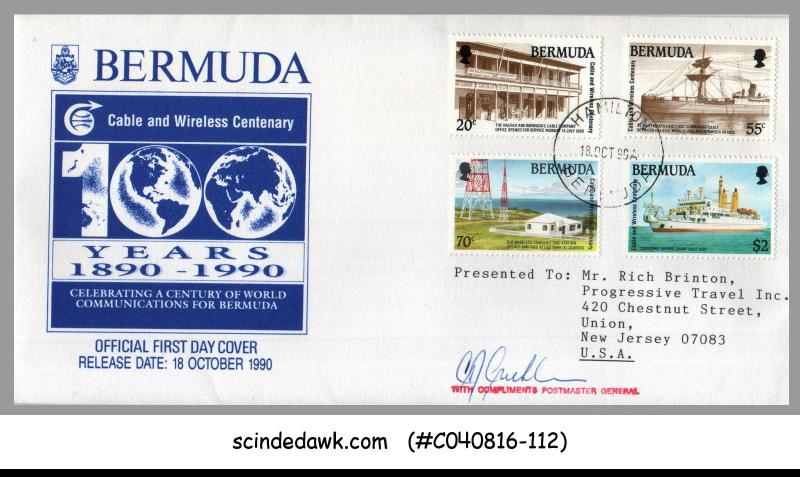 BERMUDA - 1990 CENTURY OF WORLD COMMUNICATIONS FOR BERMUDA - 4V - FDC SIGNED