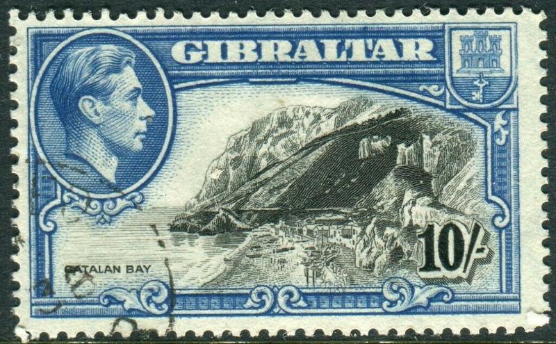 GIBRALTAR-1938 10/- Black & Blue Perf 14.  A very fine used example Sg 130