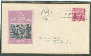 US 836 1938 3c Delaware 300th anniv of Swedish/Finnish Settlement on an addressed (typed) FDC with an Ioor cachet