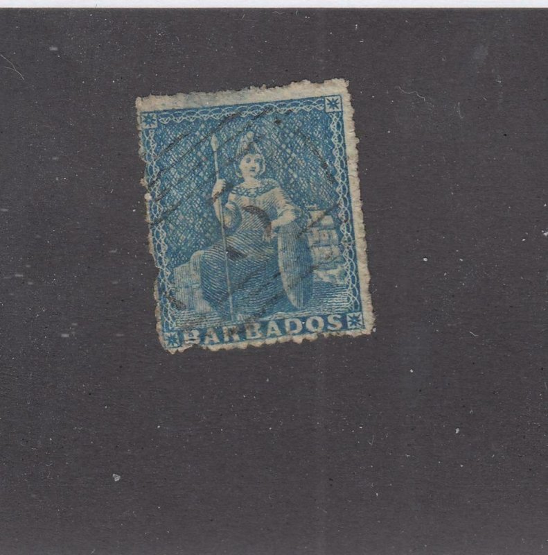 BARBADOS (KKMK9988)  # 11 1p BLUE BRITANNIA LIGHT USED(Thinned) CAT VALUE $175