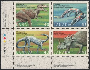 SC#1495-1498 43¢ Prehistoric Canada: Dinosaurs Plate Block LL (1993) MNH