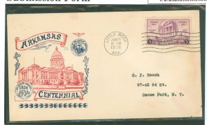 US 782 1936 3c Arkansas Centennial (single) on an addressed first day cover with a top notch cachet.