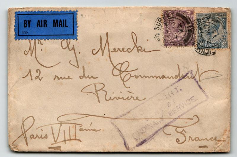 GB 1925 Suspended Airmail Cover to France  - Z13767