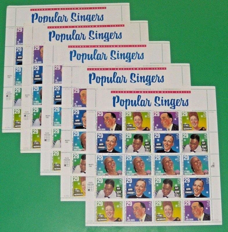 Four Sheets x 20 = 80 POPULAR SINGERS 29¢ USA Postage Stamps. Scott # 2849-2853 