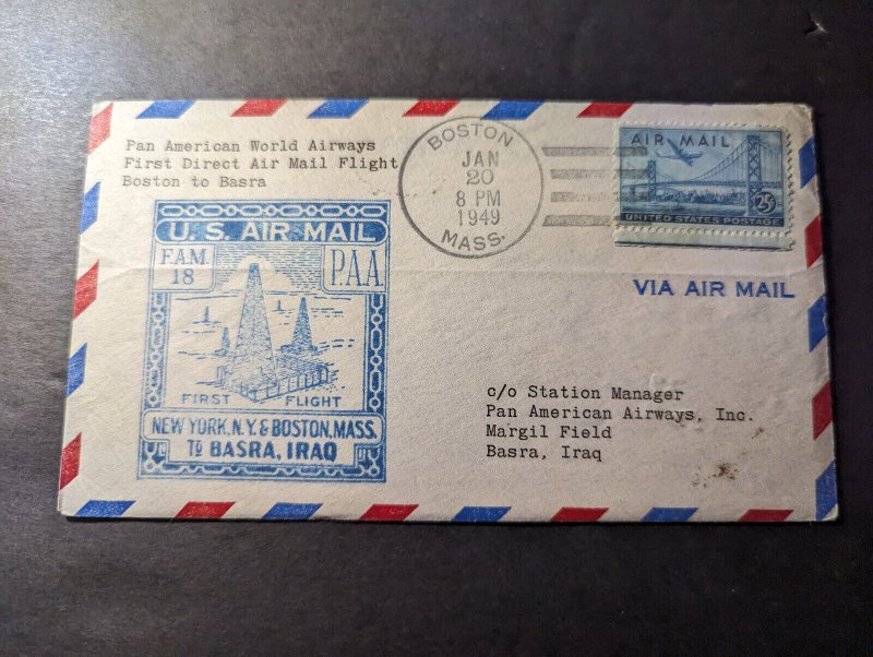 1949 USA Airmail FAM 18 First Flight Cover FFC Boston MA to Basra Iraq