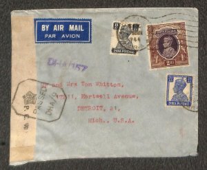 INDIA 163 175 & 178 STAMPS CALCUTTA TO MICHIGAN CENSORED AIRMAIL WW2 COVER 1944