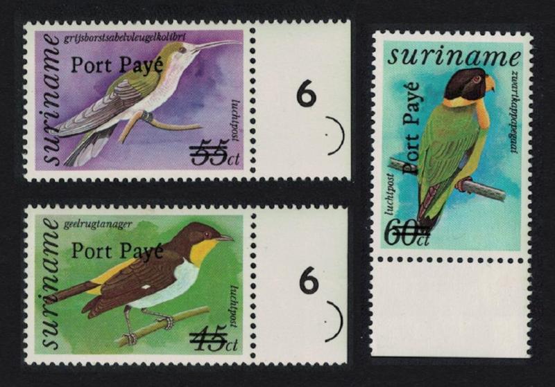 Suriname Birds optd Port Paye 3v Right Margins SG#1585-1587