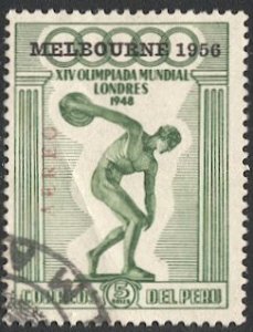 PERU Sc C80 1948 Used 5s + Melbourne 1956 Ovpt - Olympics Nude Discus thrower