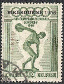 PERU Sc C80 1948 Used 5s + Melbourne 1956 Ovpt - Olympics Nude Discus thrower